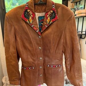 Renegade by REN & ELLIS Brown Leather Jacket with Embroidered Collar size small